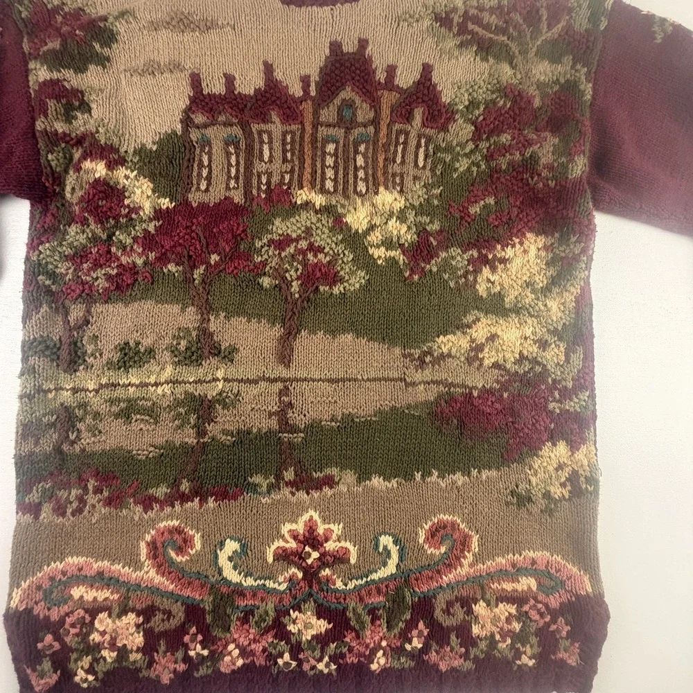 Vintage Country Mansion House Hand Knitted Floral Sweater Northern Isle Large - Picture 2 of 16